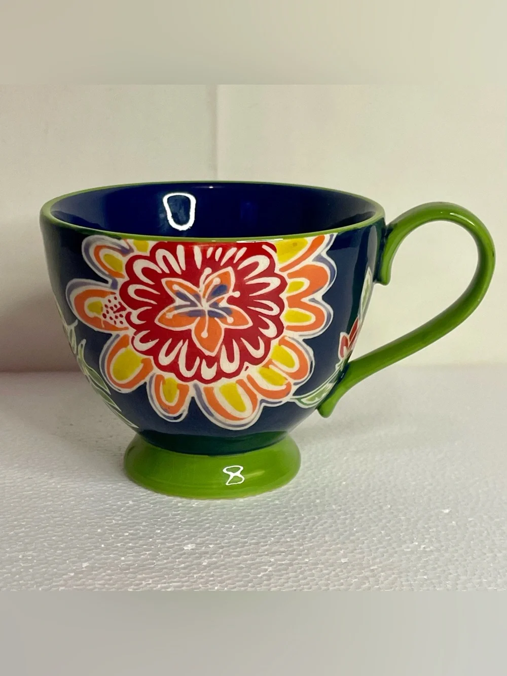 Anthropology Ella Ayaka Decorative Footed Slipware Coffee Cup 12 Oz Blue Green